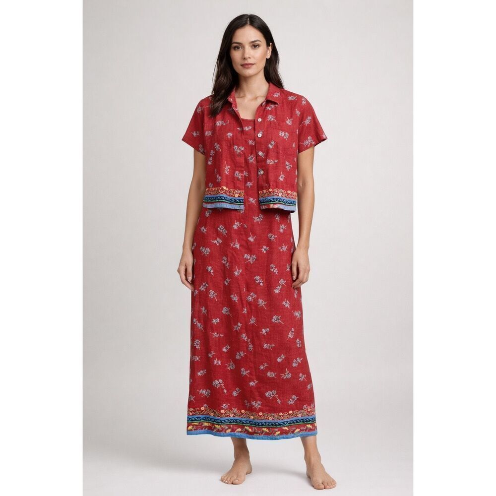 Vintage Miss Dorky Red Floral Linen 2pc Dress Set S/M